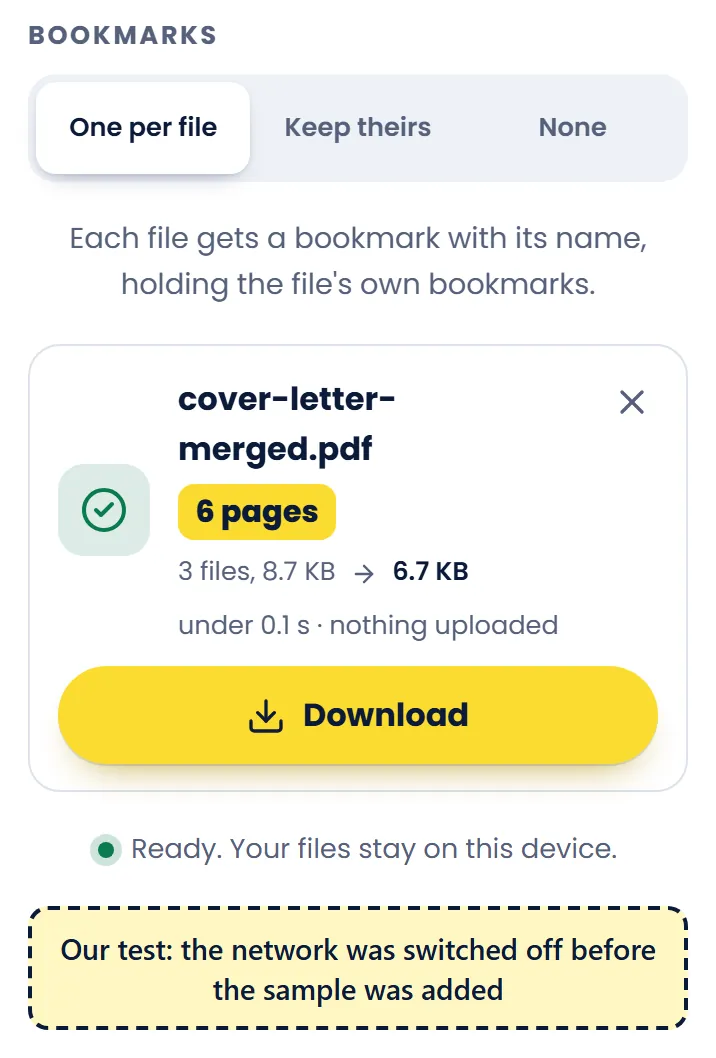 Merge PDF at a phone's size after joining the three sample PDFs into one 6-page PDF with the test browser's network switched off, with a Download button and the label our test added under it